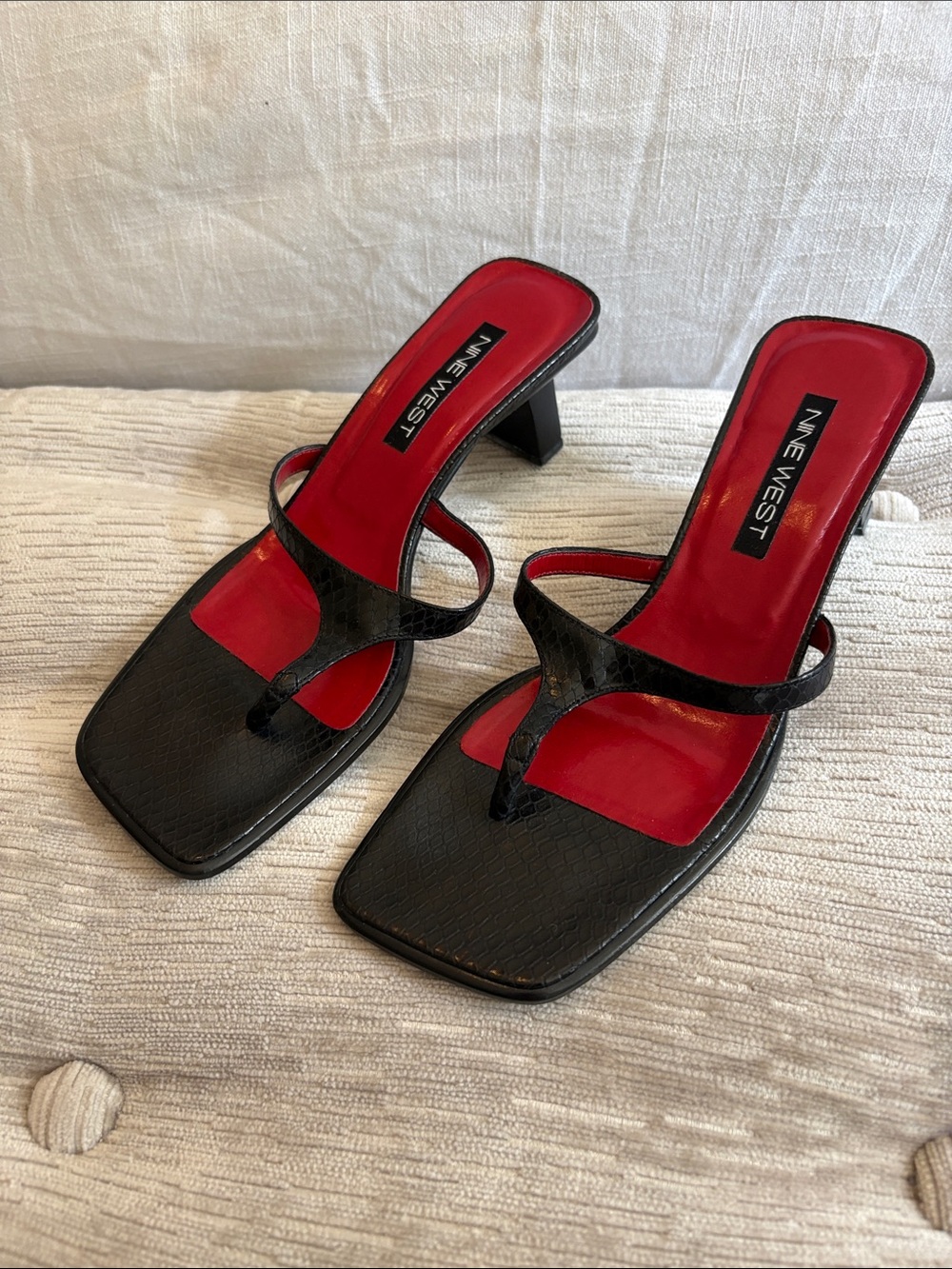 Nine West Black Strappy Heeled Sandals with Red Insole